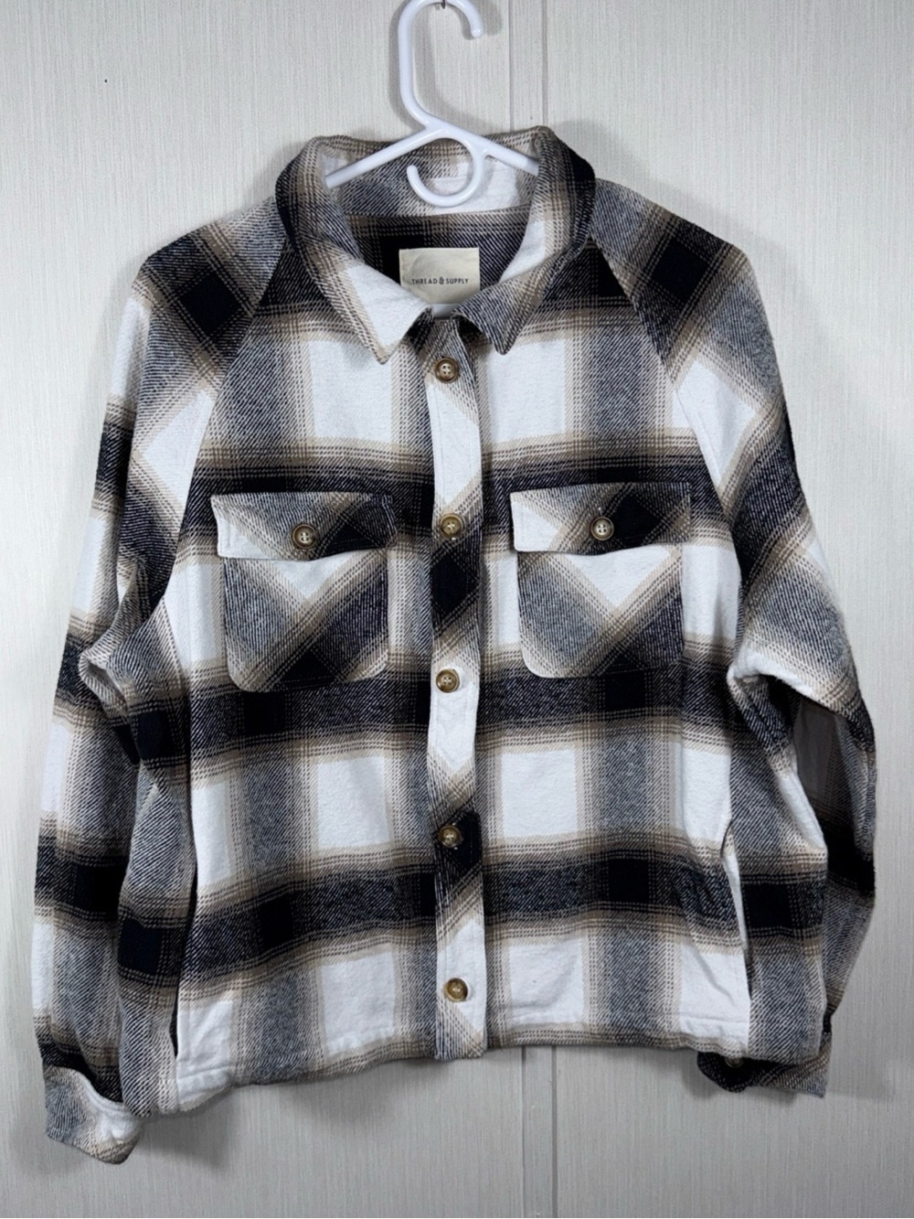 Thread & Supply Plaid Shirt Shacket Jacket in White, Black & Brown Pockets